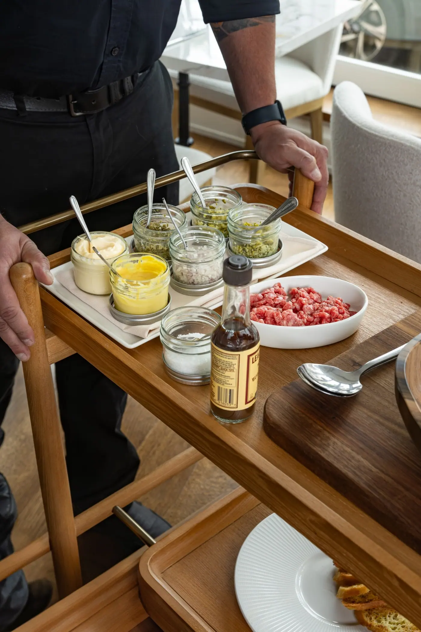 The cocktail cart set up for service